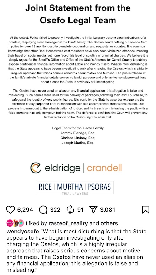 RHOP Wendy Osefo and Eddie Fire Back at Prosecutors With Joint Statement from Legal Team