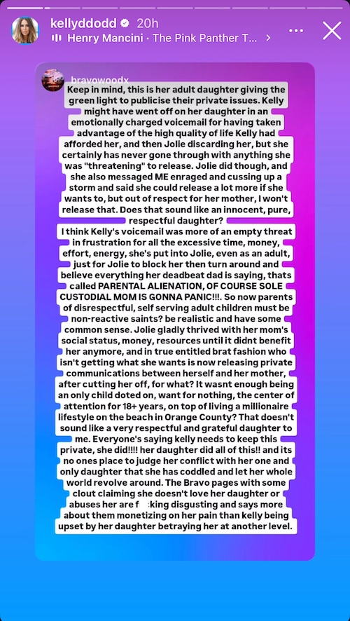 RHOC Kelly Dodd Shares Post of Bravo Fan Page Defending Her Against Abuse Claims