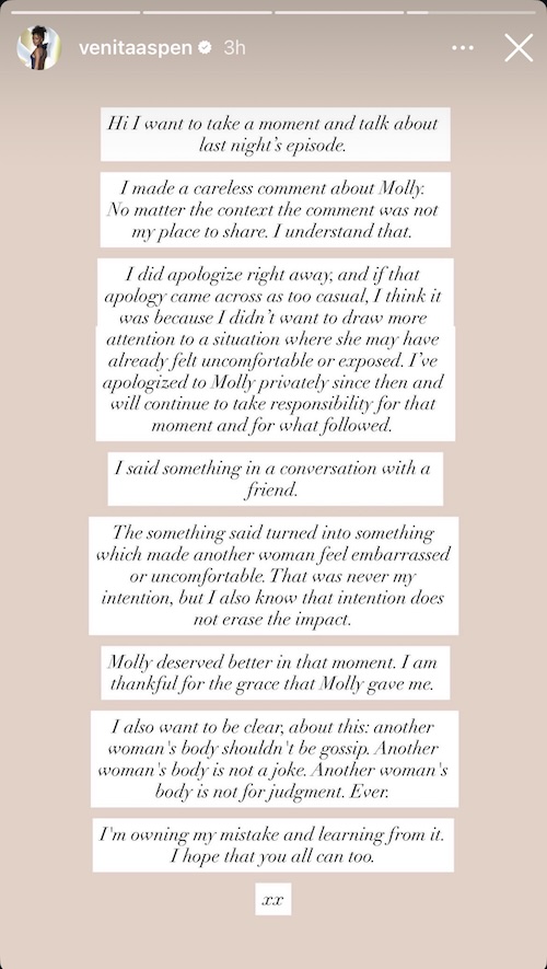 Southern Charm Venita Aspen Apologizes for Commenting on Molly O'Connell Body
