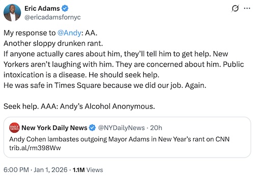 Eric Adams Issues Scathing Reponse to Andy Cohen's Drunken NYE Rant