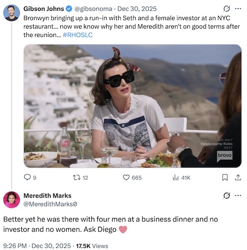 RHOSLC Meredith Marks Denies Seth Was Out With Female Investor in NYC