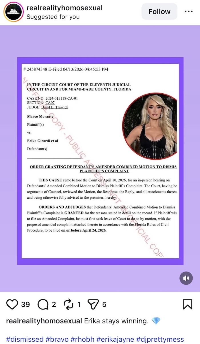 RHOBH Erika Jayne Lawsuit Dismissed