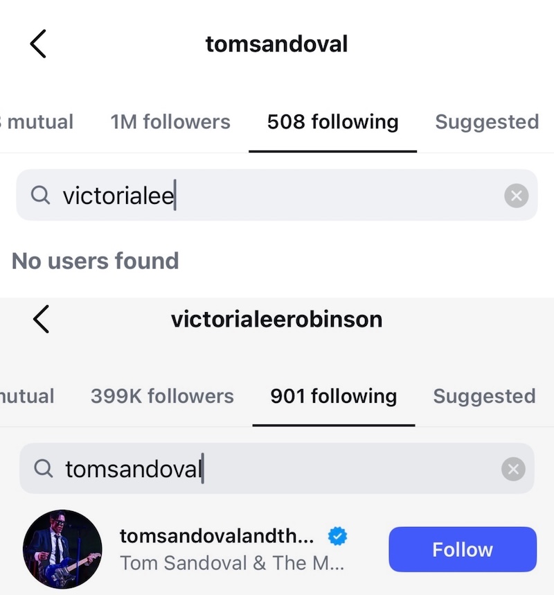 Vanderpump Rules Tom Sandoval and Victoria Lee Robinson Unfollow Each Other on Instagram