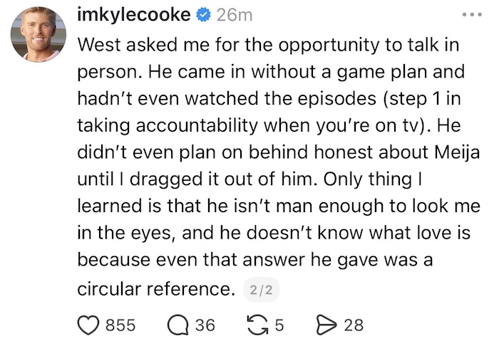 Summer House Kyle Cooke Claims West Wilson Isn't Man Enough to Tell Truth