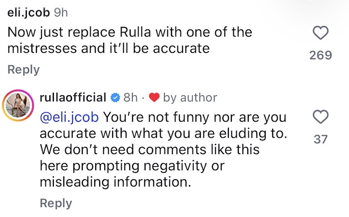 RHORI Rulla Pontarelli claps back at fan and refers to Brian's mistress on IG