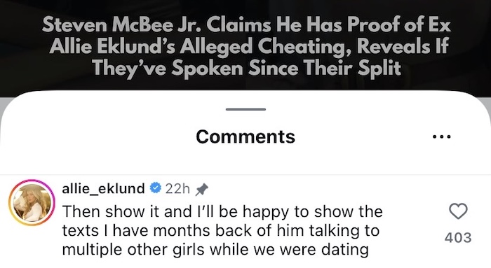 McBee Dynasty Allie Eklund Claps Back at Steven McBee Jr's Claim of Cheating