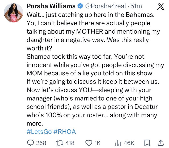 RHOA Porsha Williams Accuses Shamea Morton of Cheating With Multiple Men