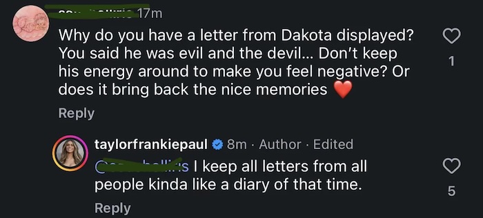 SLOMW Taylor Frankie Paul Defends Saving Letter from Ex Dakota Mortensen