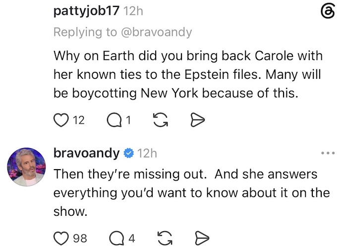 Andy Cohen Reacts to RHONY Boycott Due to Carole Radziwill's Ties to Epstein Files