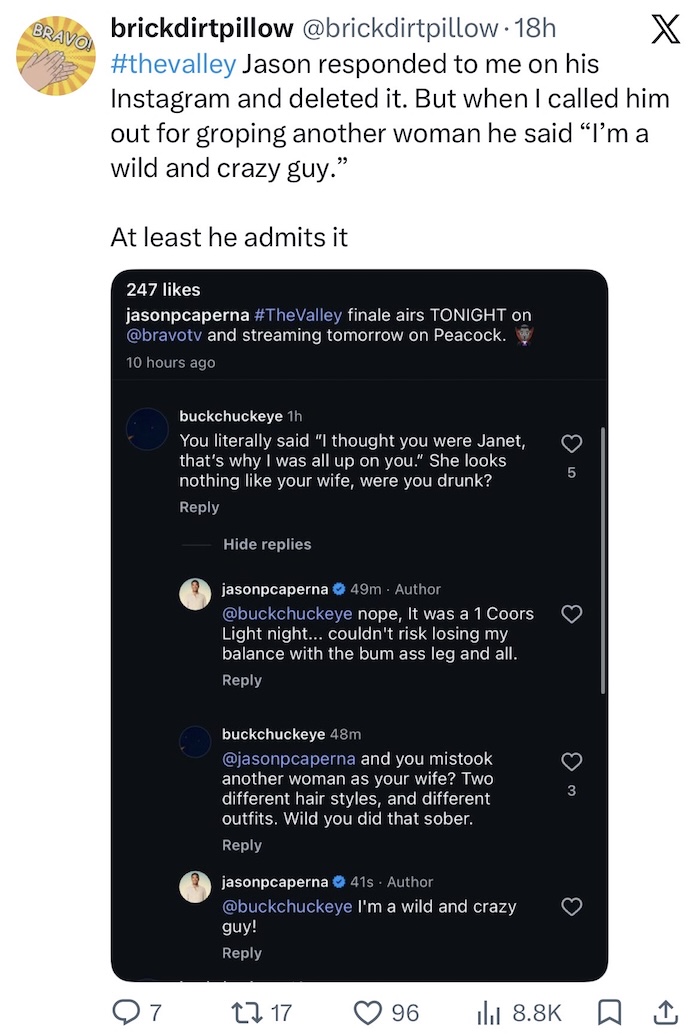 The Valley Jason Caperna Reacts to Touching Other Woman in Deleted Post