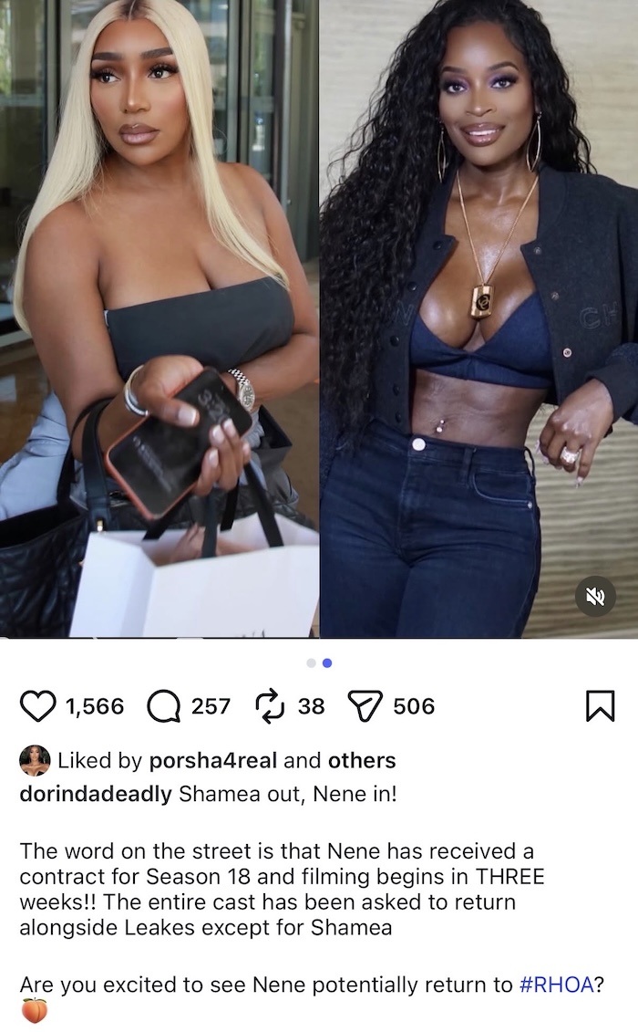 Porsha Williams Likes Post About Nene Leakes Returning and Shamea Morton Exiting RHOA