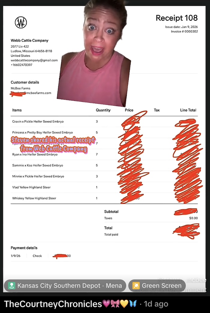 Steven McBee Jr. Provides Receipt for Mini Highlands and Embryos