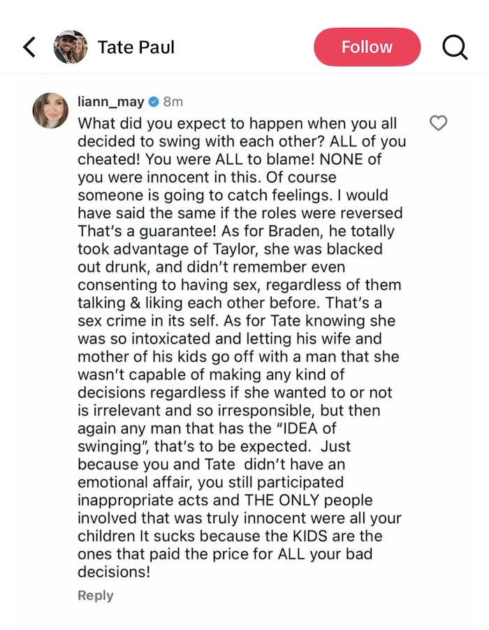 Tate Paul Fires Back at Liann After She Claims He Allowed Taylor to Be Victim of Sex Crime
