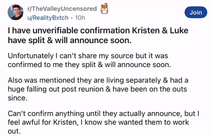 The Valley Kristen Doute and Luke Broderick Face Split Rumor